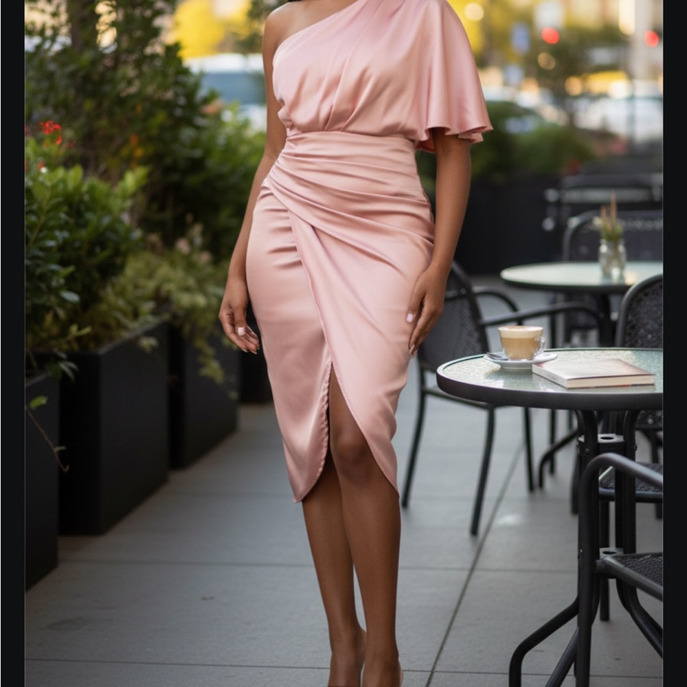 CUPSHE NWT LUX SATIN ONE SHOULDER GLAM APRICOT DRESS SIZE SM ELEGANT PTP 14 L 44 - Picture 9 of 15